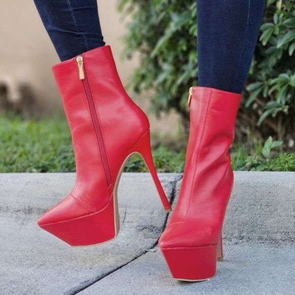 Women Pointy Toe Heel Boot Red Color - Picture 2 of 6